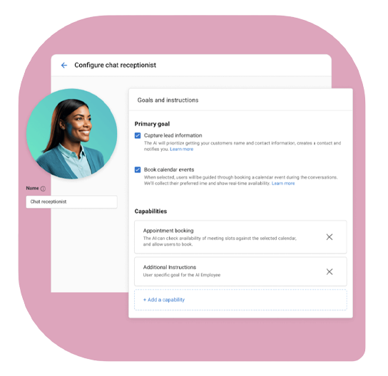Web interface mockup with a profile photo, voice settings, and capabilities options on a pink background