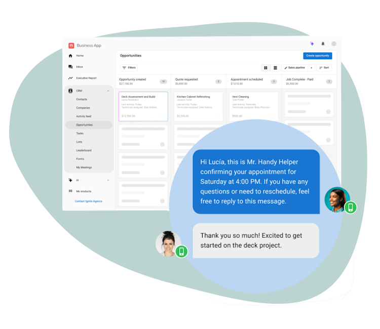Chat app over project board with blue and green chat bubbles and user avatars