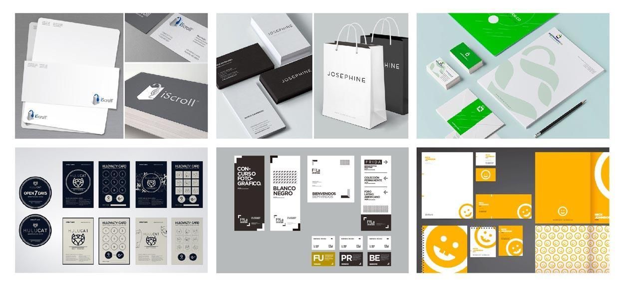 Brand identity mockups in black, white, green, and yellow on brochures, cards, and packaging