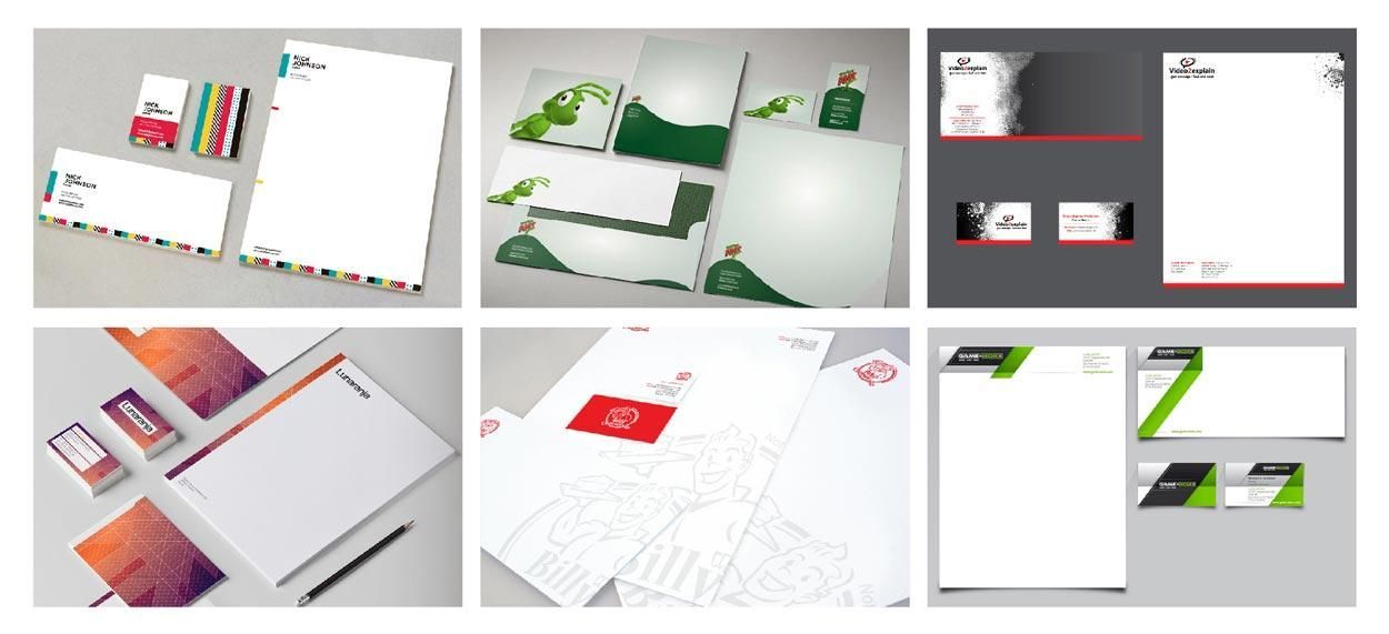 Collage of six minimalist brochure and stationery mockups in white, green, red, and gray layouts