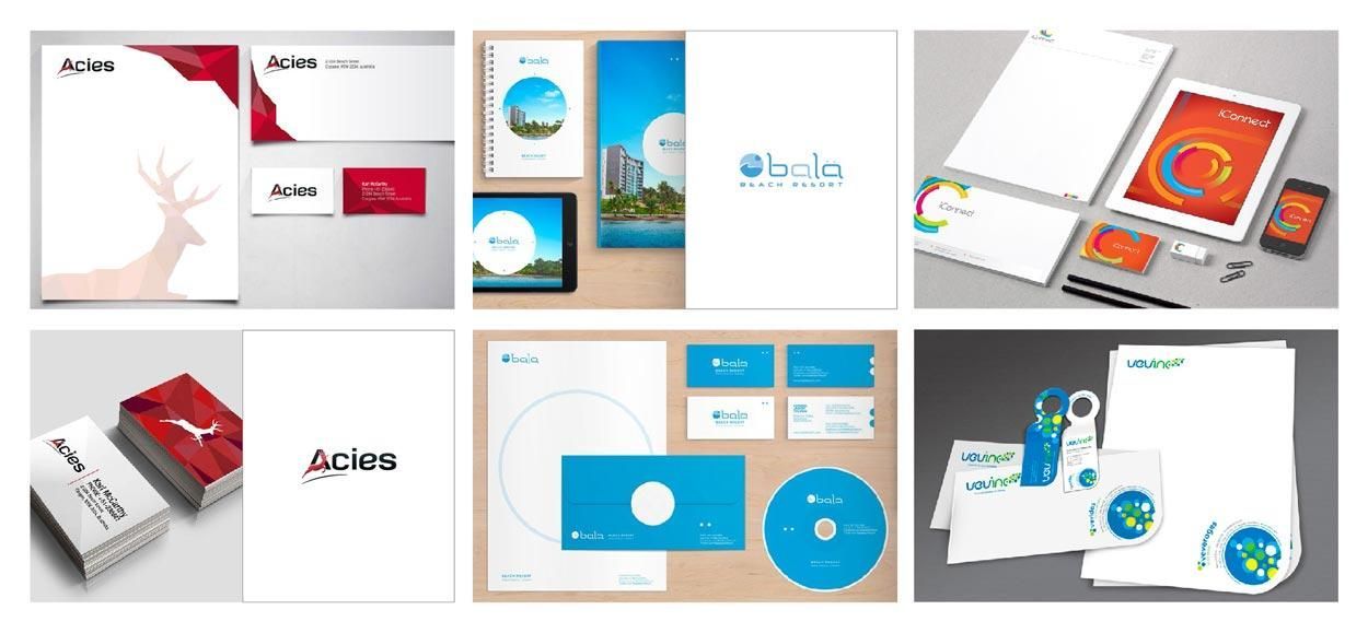 Collage of blue and red business stationery mockups, brochures, folders, and packaging layouts