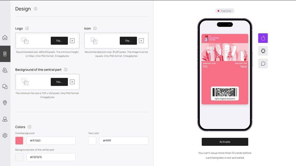 QR code editor with a pink phone preview and design settings panel