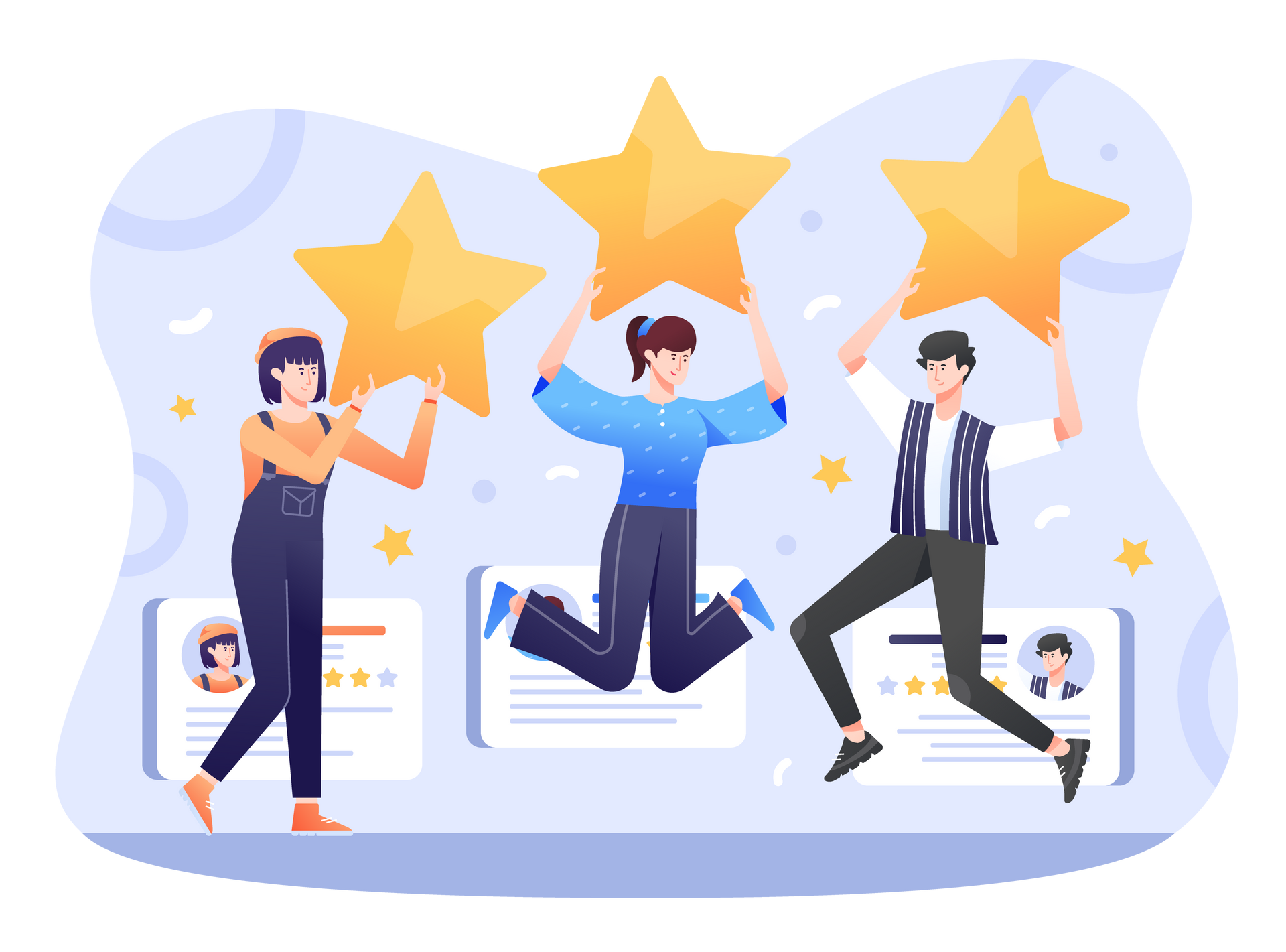 Three people celebrating with large gold stars on phones, suggesting achievement and top ratings.