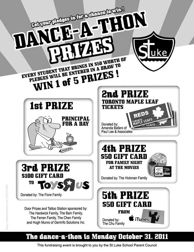 Dance-a-thon prizes poster with five prize boxes and a St. Luke logo on a black-and-white flyer.