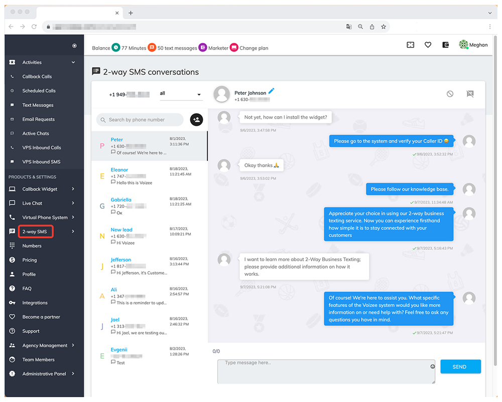 Chat messaging dashboard with contact list on left and blue/gray conversation bubbles on the right