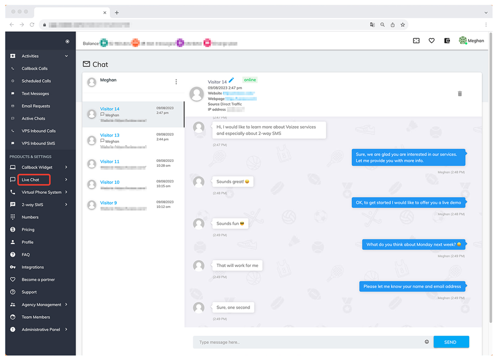Customer support chat dashboard with dark sidebar, contact list, and blue message bubbles in the conversation pane
