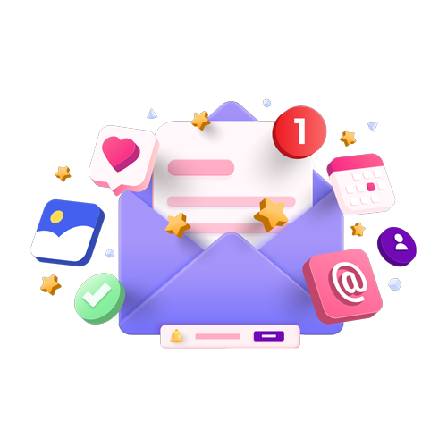 Purple envelope with notification badge, emails, contact icons, and floating app symbols on a white background