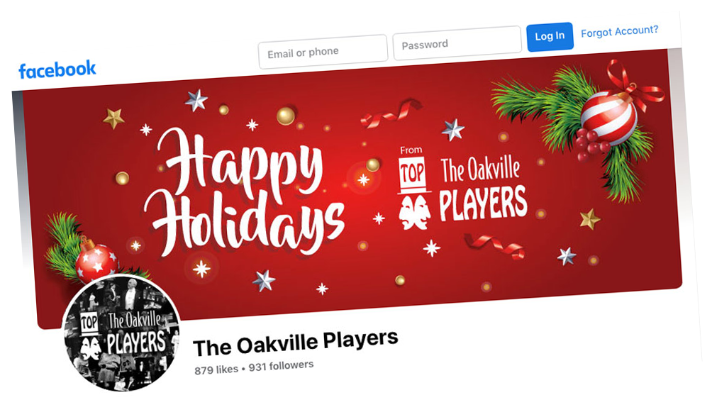 Facebook holiday cover for The Oakville Players, red banner with “Happy Holidays” and festive decorations