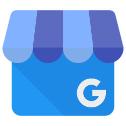 Google business store icon with blue awning and white “G” logo