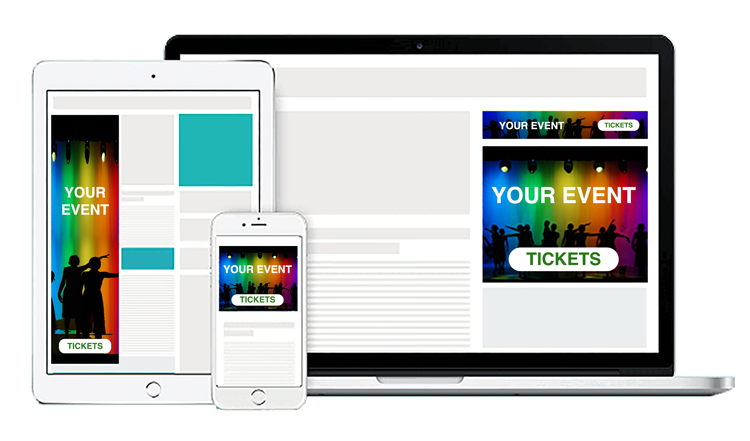 Tablet, smartphone, and laptop showing a colorful event ticket website mockup