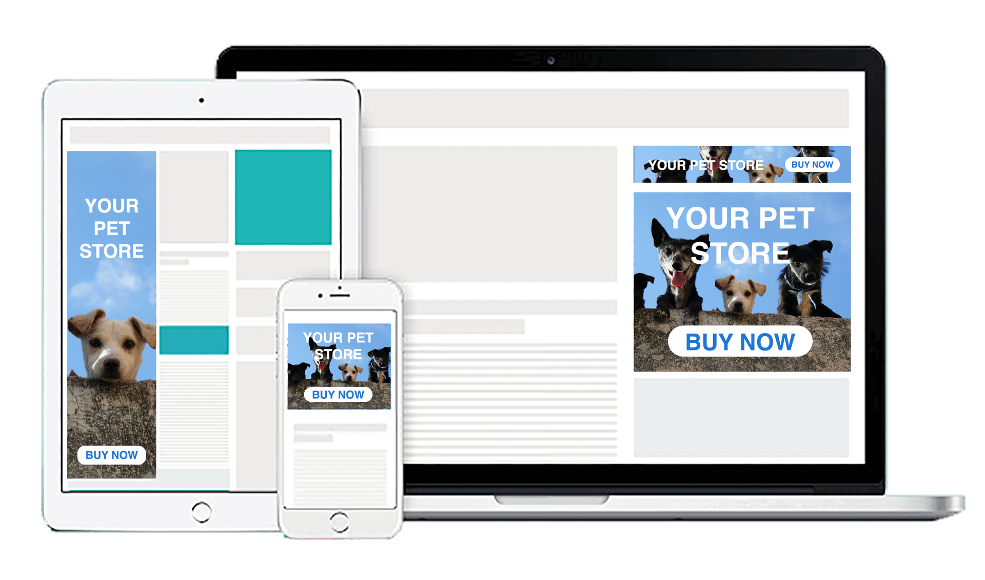 Responsive pet store website shown on tablet, phone, and laptop with blue and white layout.