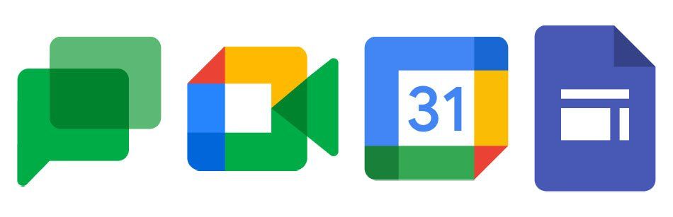 Google app icons for Chat, Meet, Calendar, and Docs on a white background