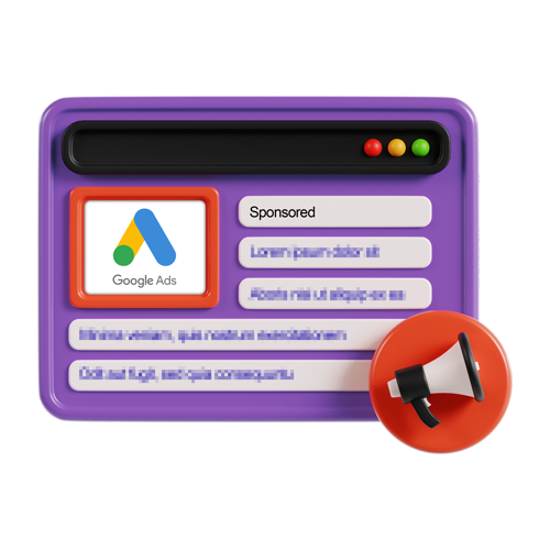 Purple browser-style ad window with Google Ads logo and a red megaphone icon