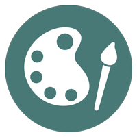 Teal circle with a white artist palette and paintbrush icon