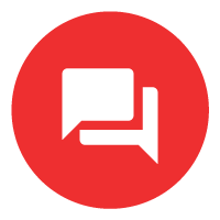 White chat bubbles inside a red circle icon