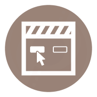 Brown circular icon with a white window, cursor arrow, and small button panel
