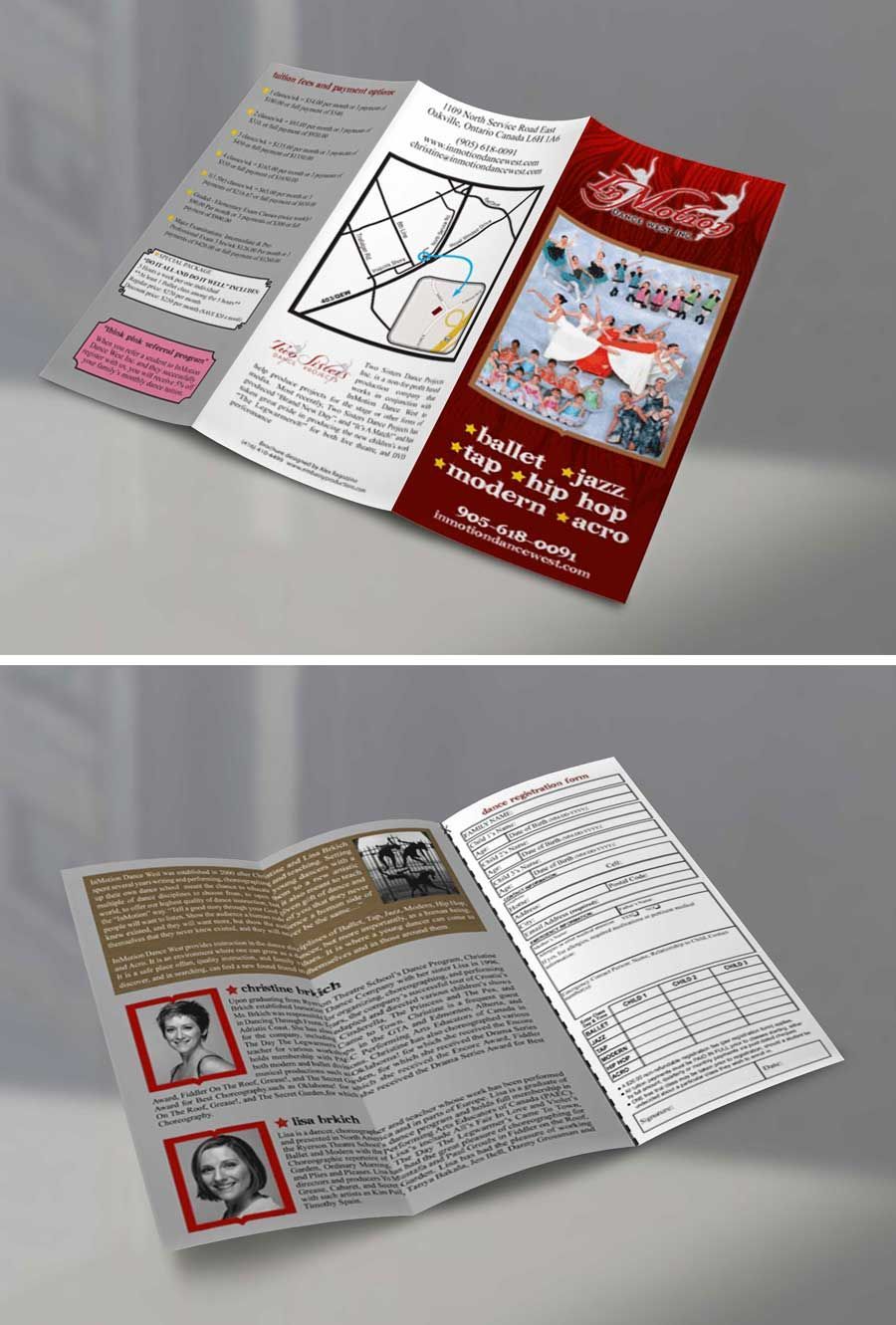 Open brochure with maps, text blocks, and red-highlighted sections on a gray surface.