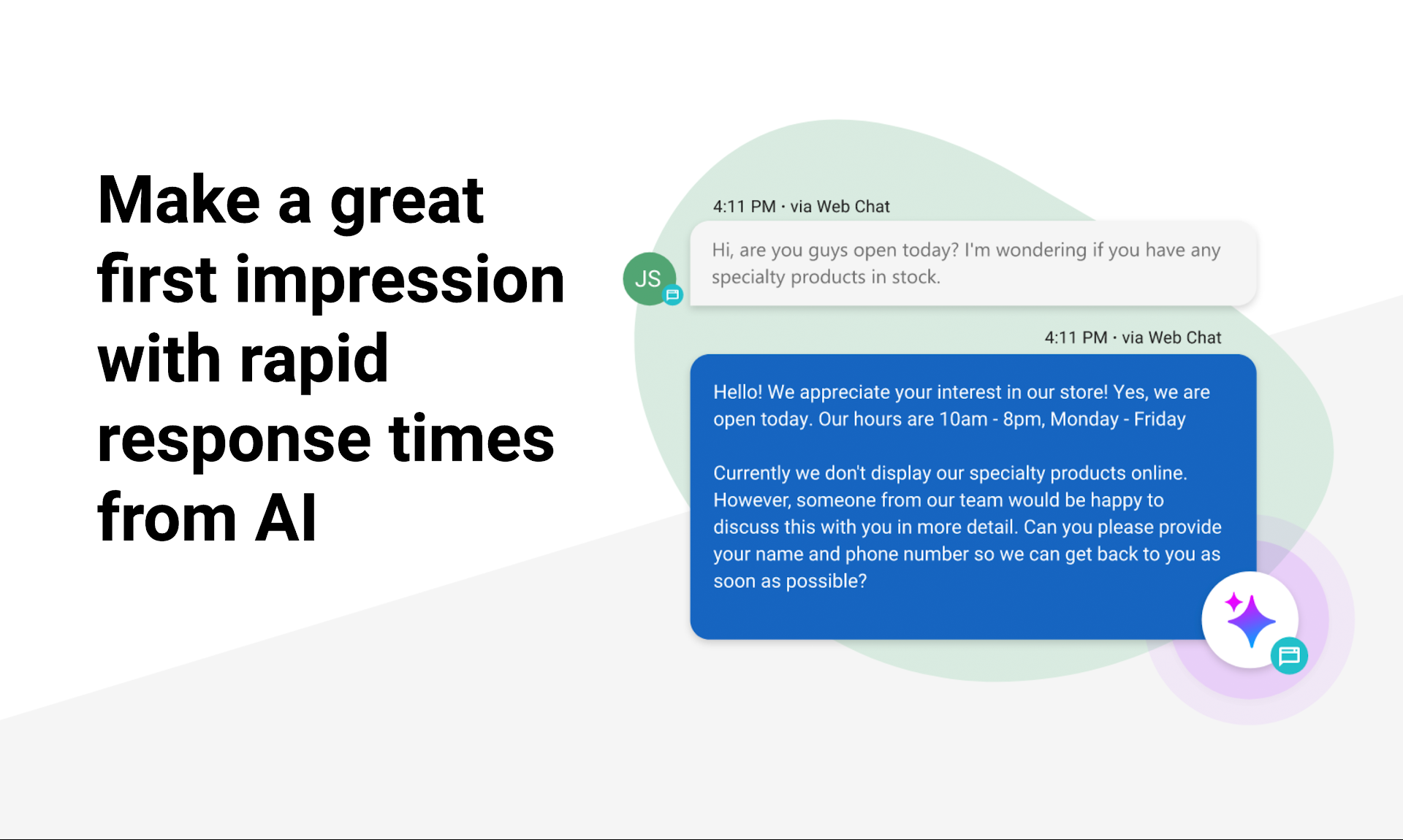 Promotional graphic with text “Make a great first impression with rapid response times from AI” and chat bubbles.