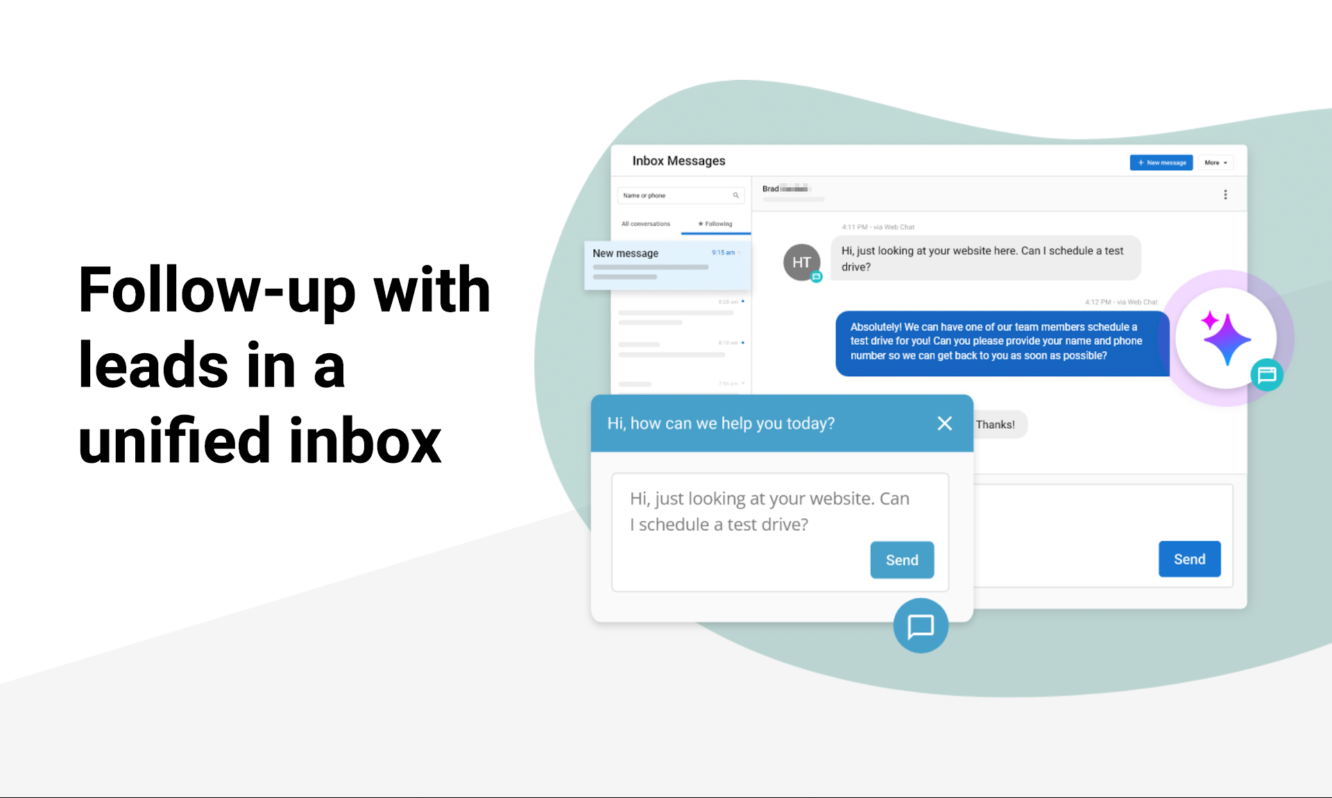 Follow-up with leads in a unified inbox, with chat-style messages and blue interface panels