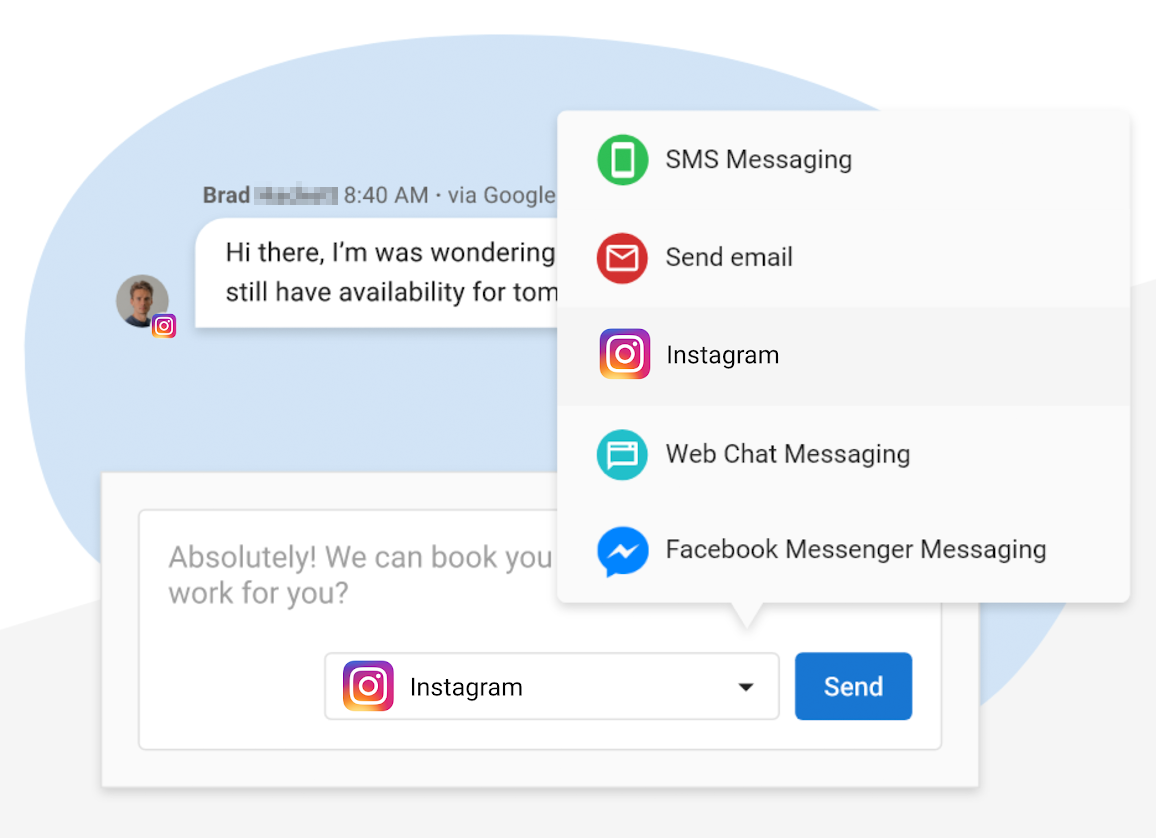 Chat widget with messaging app options and a text box with a blue Send button