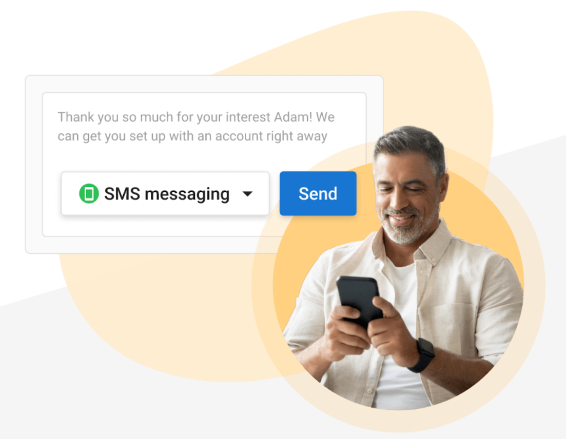 SMS messaging interface with a blue Send button beside a smiling man using a phone.