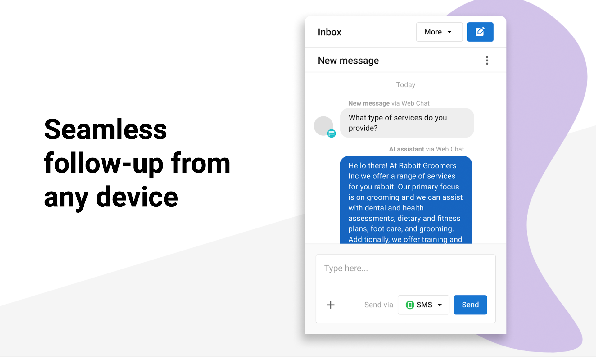 Inbox app showing a reply draft on a phone mockup with the text “Seamless follow-up from any device.”