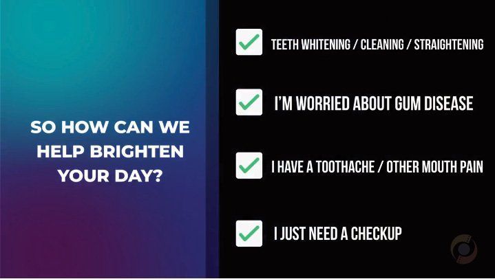 Bright purple ad listing dental concerns: whitening, gum disease, toothache, and checkup.