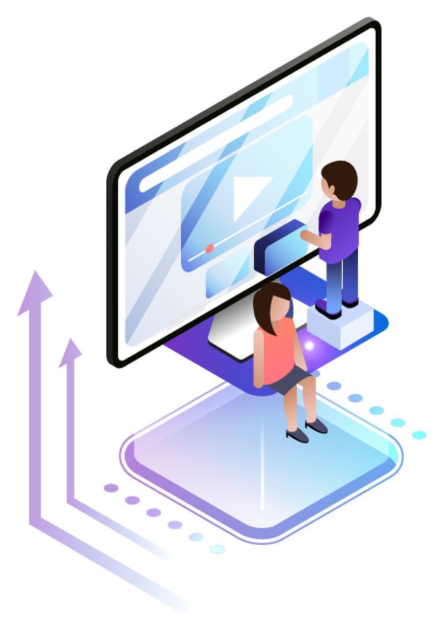 Two people interacting with a large touchscreen display in a modern digital workspace