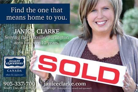 Real estate ad with smiling agent holding a red SOLD sign, blue background, and text about finding home.