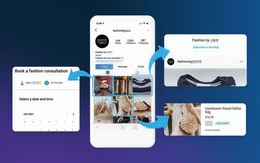Mobile app screens for booking fashion and shopping, with blue arrows connecting app cards and product tiles