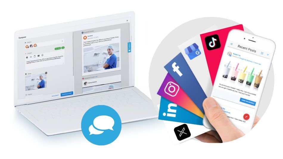 Laptop and smartphone displaying social media icons and messaging, with a hand swiping app cards