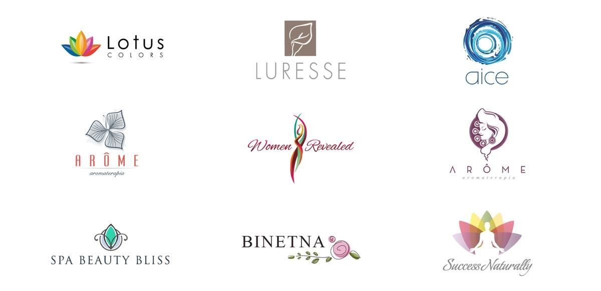 Collage of nine spa and beauty brand logos in pastel colors on a white background