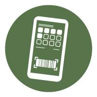 White smartphone icon with keypad and barcode on a green circular background