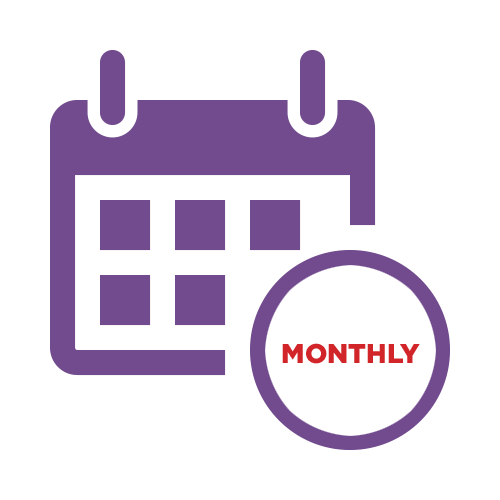 Purple calendar icon with a red “MONTHLY” label inside a circle