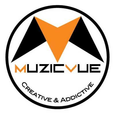 MuzicVue logo with orange and black geometric icon and “Creative & Addictive” text in a circle