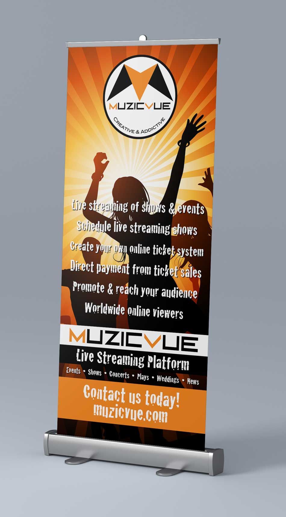 Orange event banner on a stand, with a person jumping silhouette and “Music Live” promotional text.