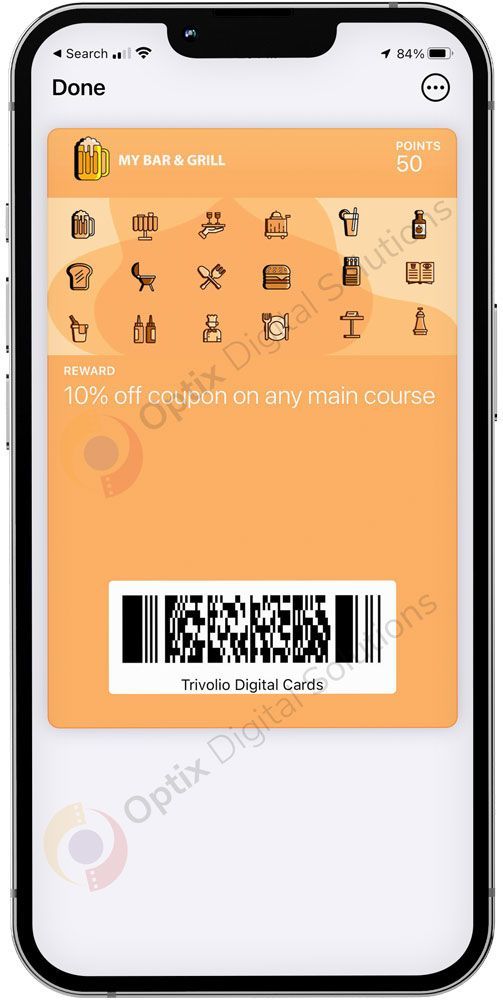 Mobile app screen showing an orange coupon voucher with a QR code and product icons.