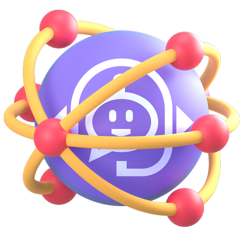 Purple chat icon wrapped in yellow rings with red nodes, resembling an atom.