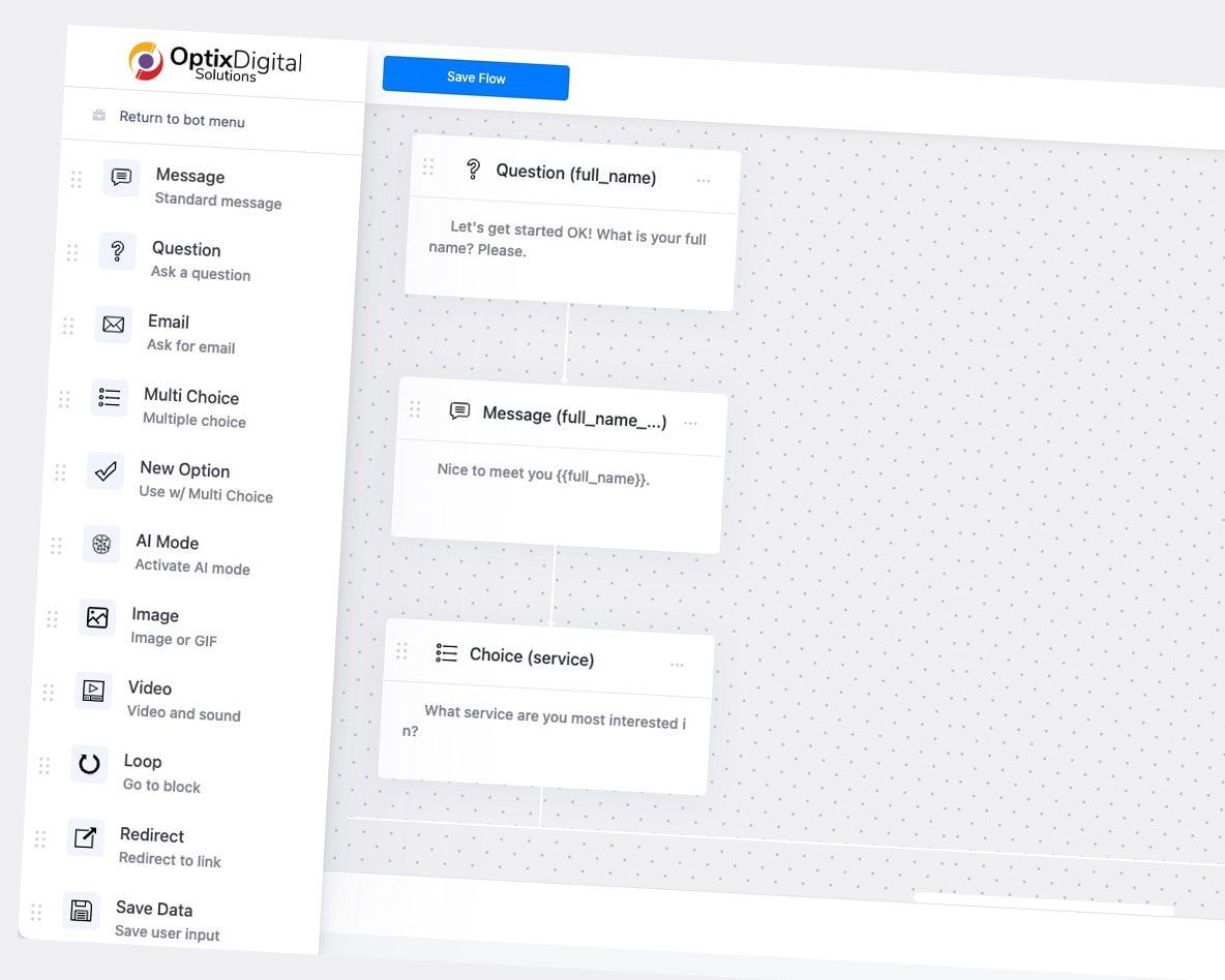 White web app dashboard with a left sidebar menu and three stacked content cards on a dotted canvas.
