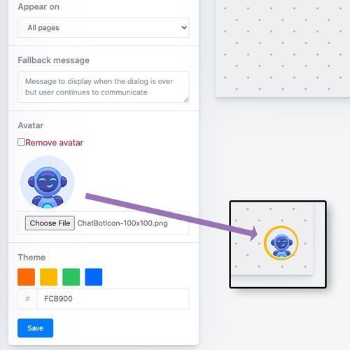 Avatar settings panel showing a blue robot icon and theme color options with a preview on the right