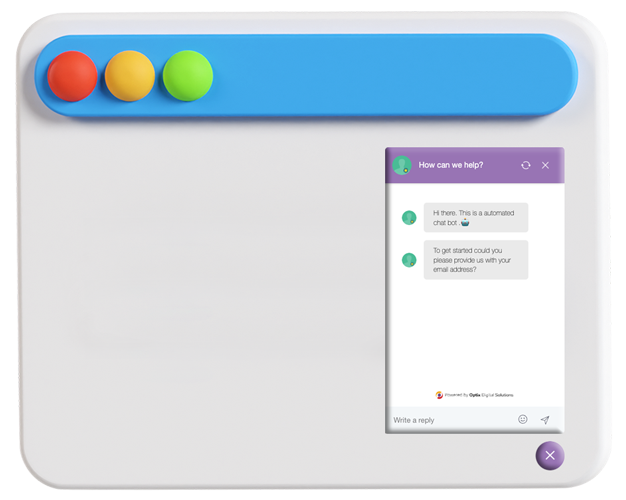Minimalist app mockup with a blue top bar, three colored circles, and a small chat window on a white background