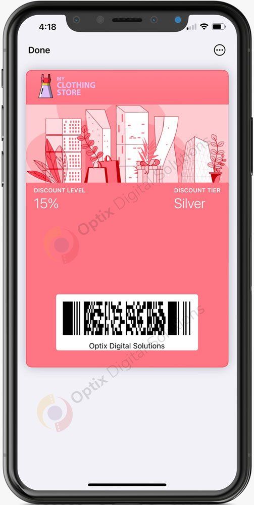 Smartphone screen showing a pink digital card with a QR code and “Silver” membership label