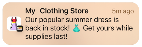 Clothing store ad for a summer dress, saying it’s back in stock and to buy while supplies last.