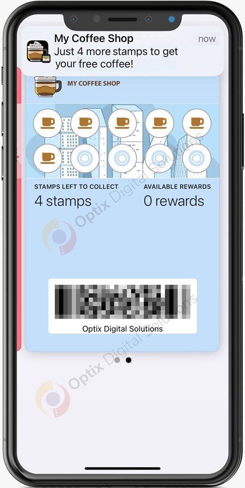 Coffee shop loyalty app screen with stamp icons and a barcode for scanning, showing 4 stamps and 0 rewards