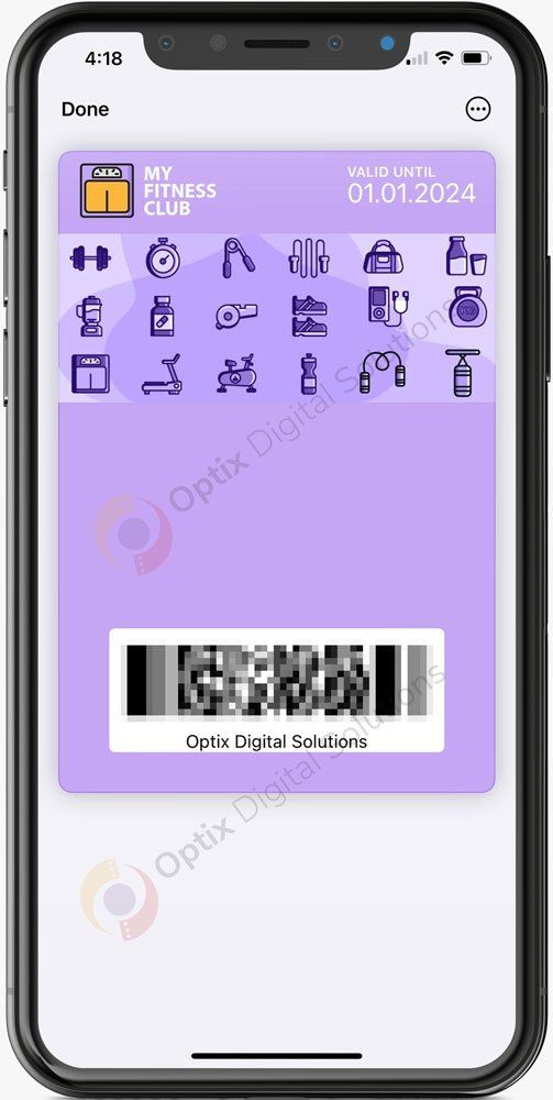 Mobile app screen with a purple dashboard and a QR code at the bottom.