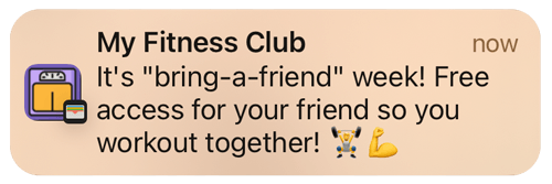 My Fitness Club promo: “bring-a-friend” week, free workout access for your friend, with flexed biceps and people icons