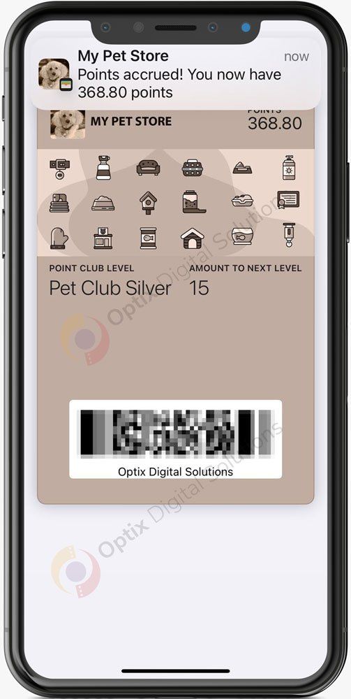 Mobile app screen showing a pet store loyalty card with points and a QR code for check-in.