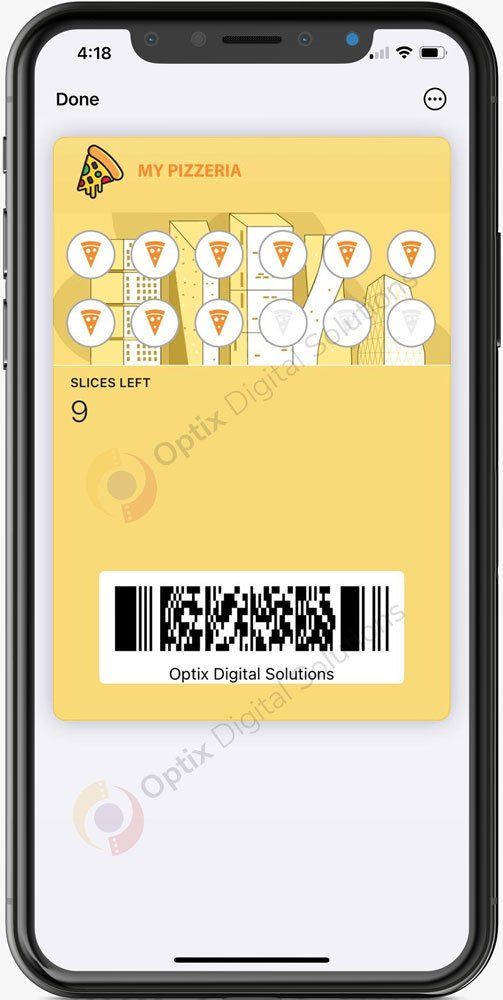 Mobile app screen showing a yellow rewards card with a barcode and multiple coffee cup stamps.