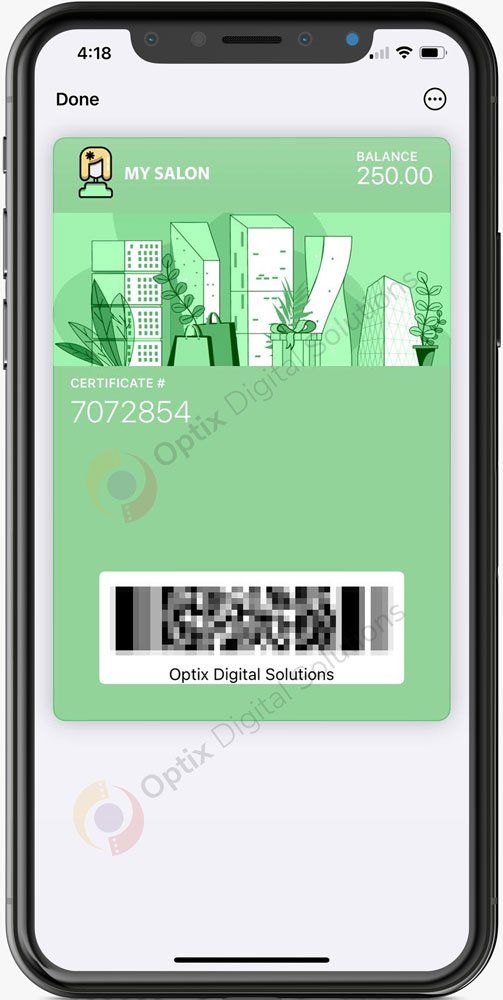 Mobile app screen showing a green digital card with a QR code and balance, on an iPhone