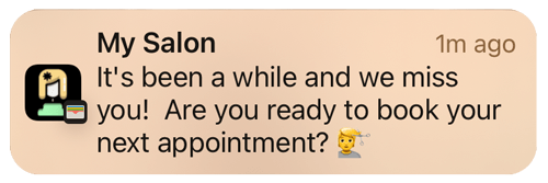 Salon notification: “It’s been a while and we miss you! Are you ready to book your next appointment?”